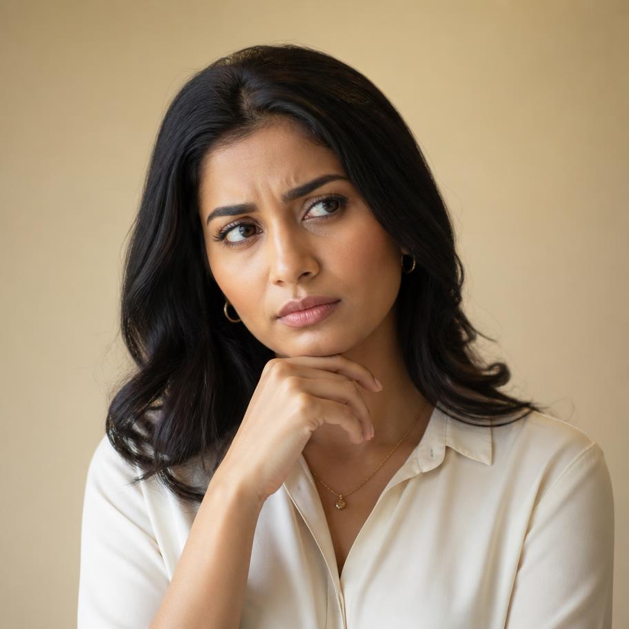 Young woman looking thoughtful while considering breast augmentation