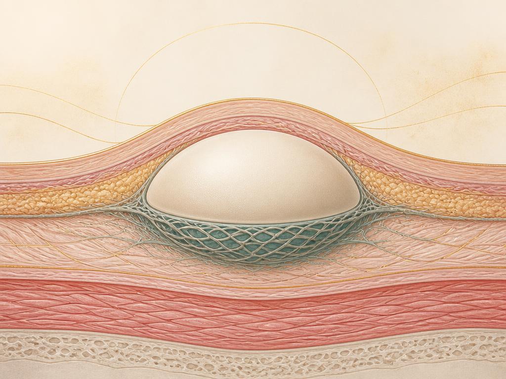 Cross-section illustration of a breast implant cradled by the VISS internal support sling